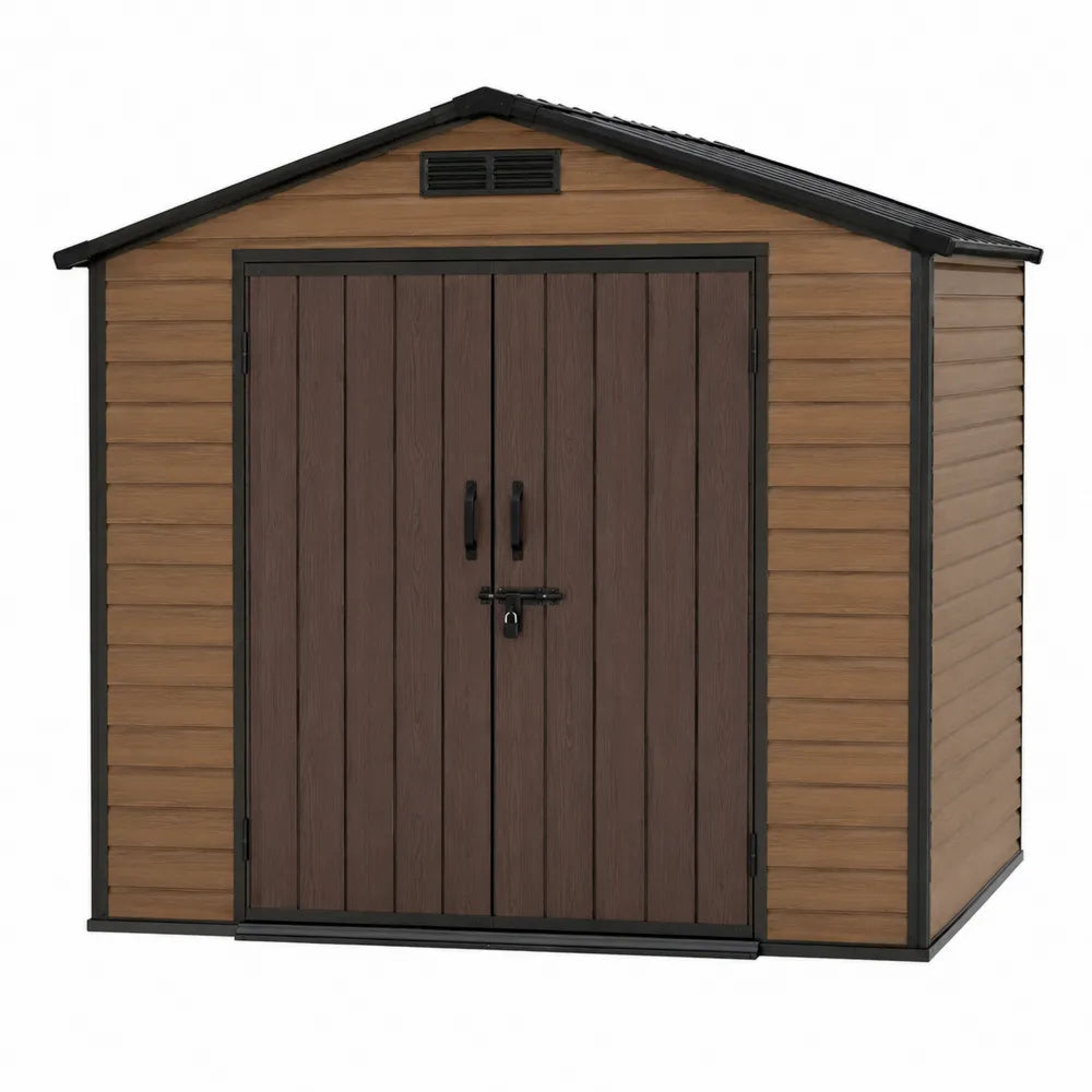 Domek ogrodowy metalowy z drzwiami podwójnymi brązowy 180cm x 220cm x 200cm