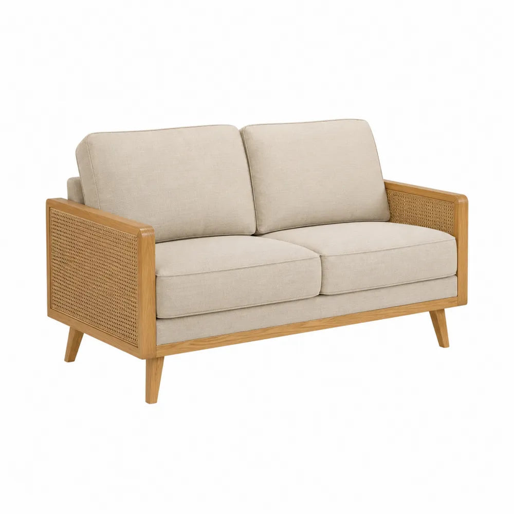 Dwuosobowa sofa z lnu, drewniana rama, beżowa, 150cm