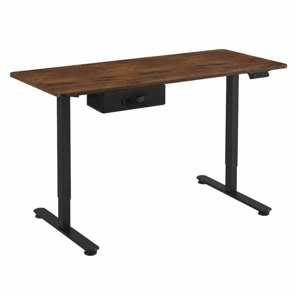 Biurko regulowane z szufladą 140 cm drewniane i metalowe brązowe/czarne