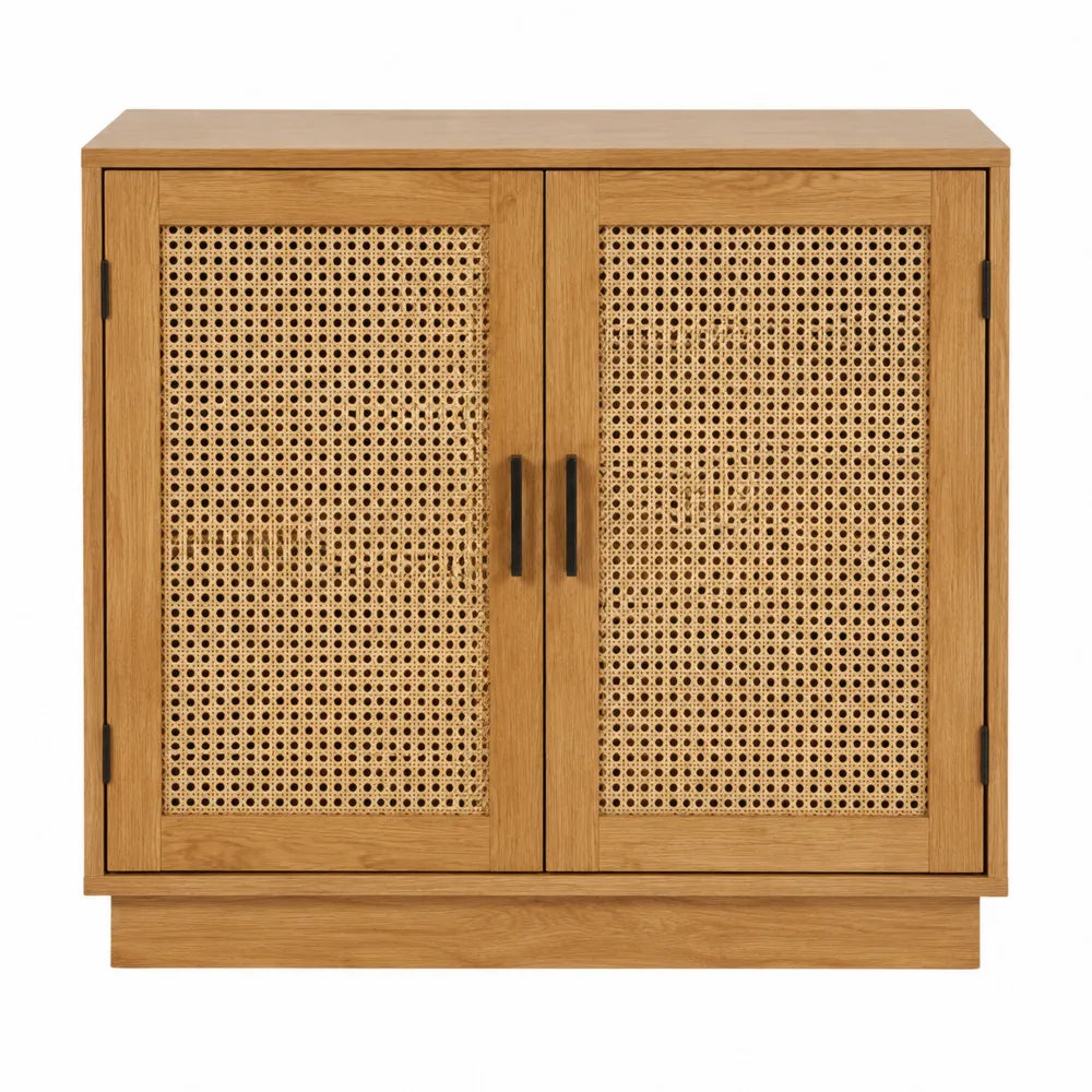 Drewniana komoda rattanowa dąb 90x40x75 cm brązowa