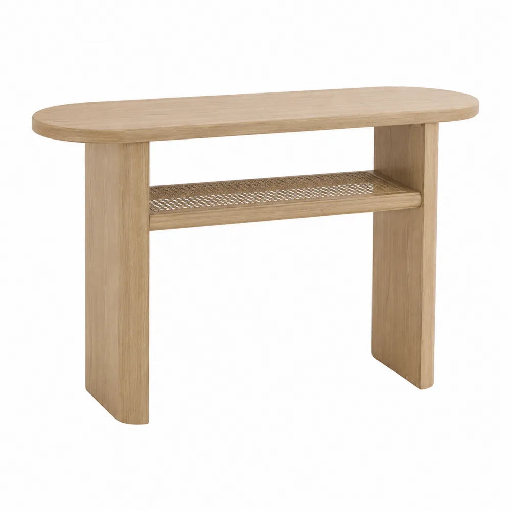 Konsola drewniana z plecionką rattanową beżowa 120cm