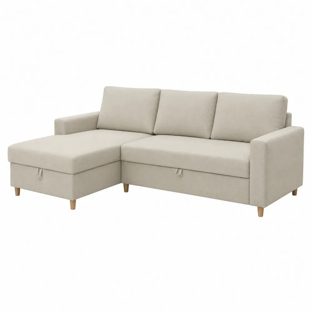 Sofa narożna z funkcją spania i schowkiem beżowa tkanina
