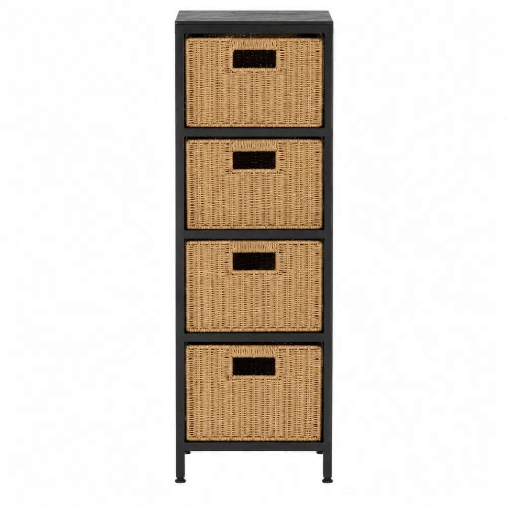 Metalowa szafka z 4 szufladami z rattanu, czarna/beżowa, wysokość 100 cm